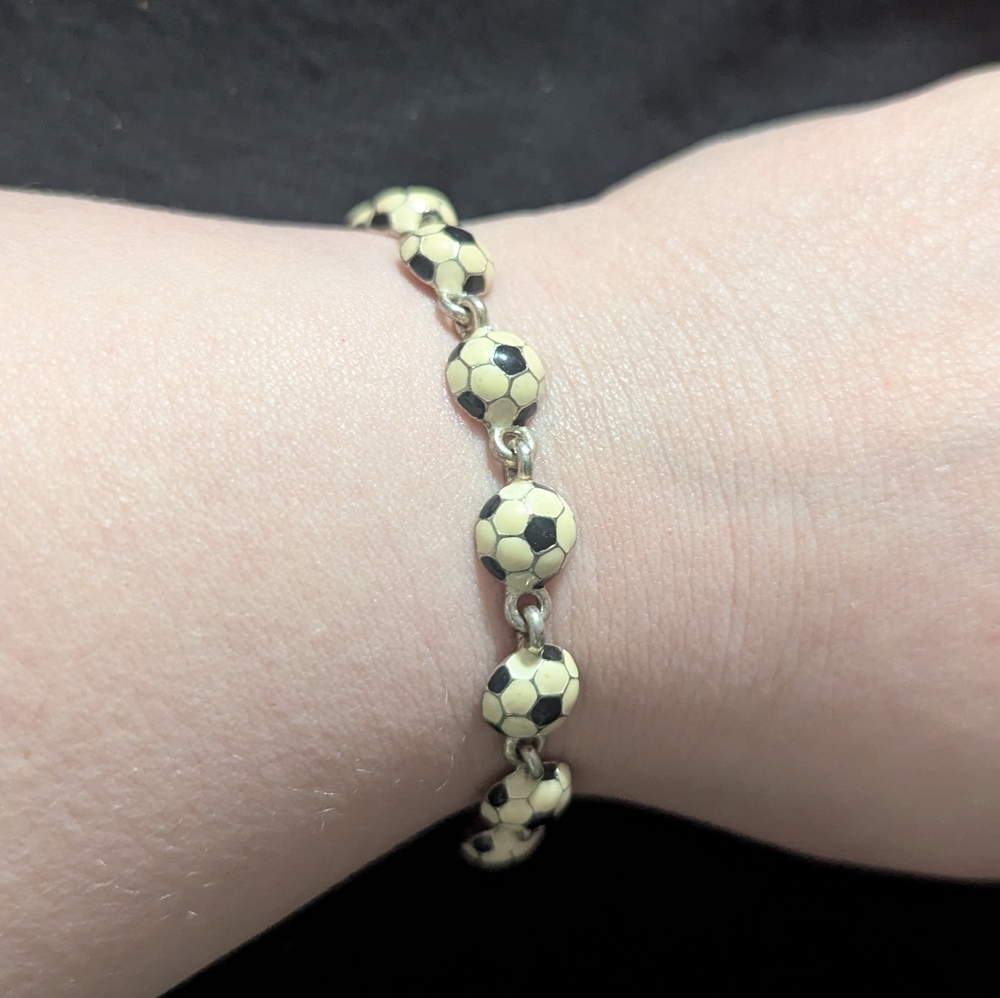 Vintage Black And Cream Enamel Soccer Ball Statement Bracelet